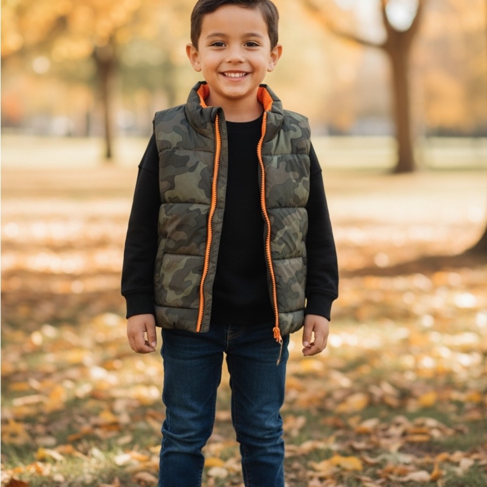 Camouflage Puffer Vest with Orange fleece lining